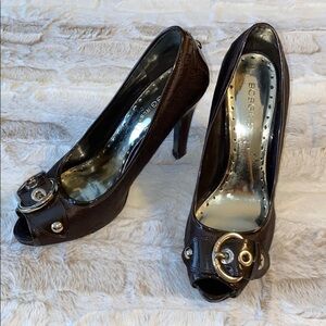 BCBGirls Brown Monogram Peep Toe With Buckle Detail Stiletto Heel Size 9-1/2